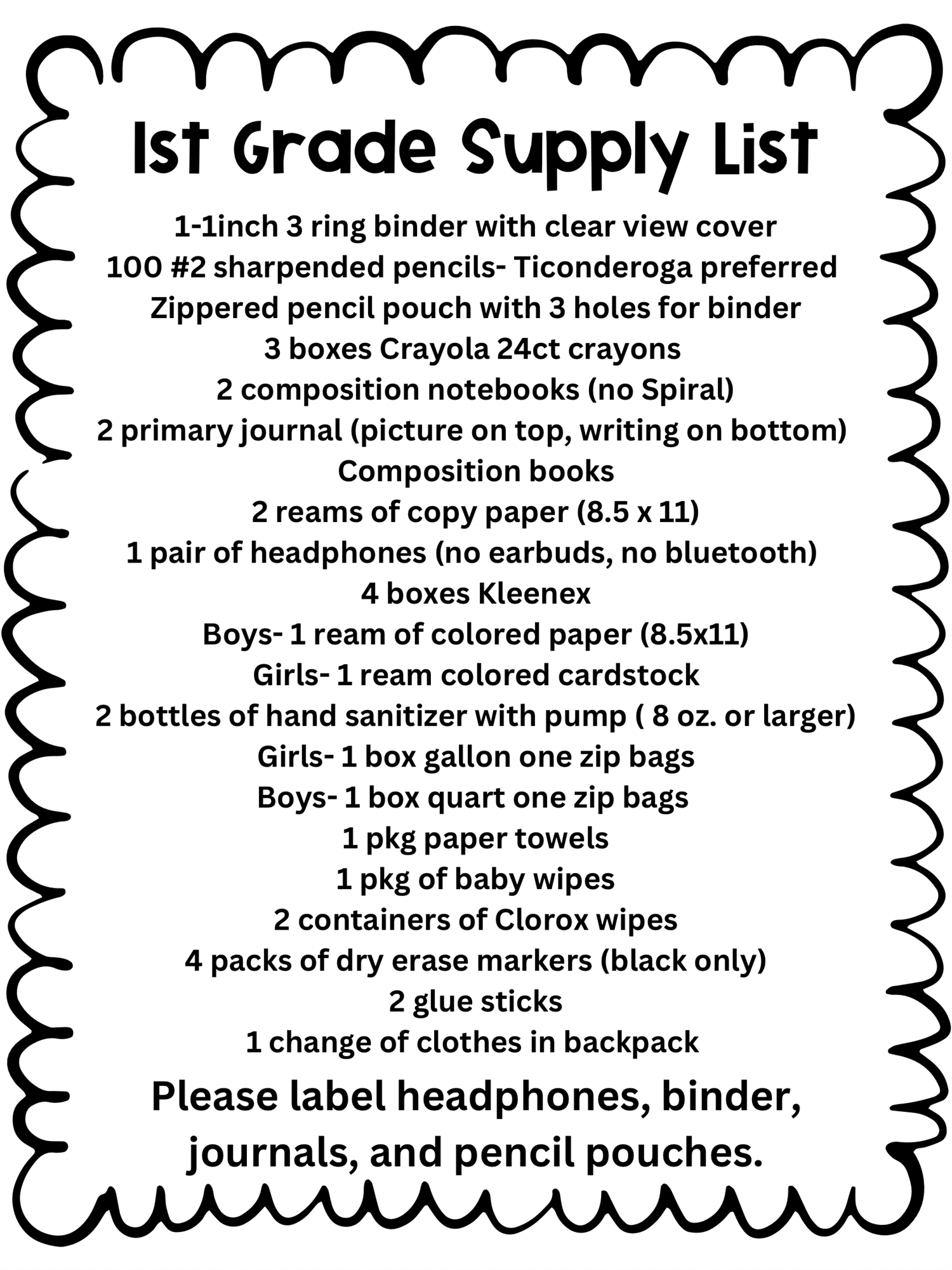 1st grade supply list